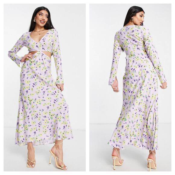 NWT ASOS Cut Out Side Maxi Dress Size 10 Lilac Floral Long Sleeve Fairy Girly - Picture 1 of 15